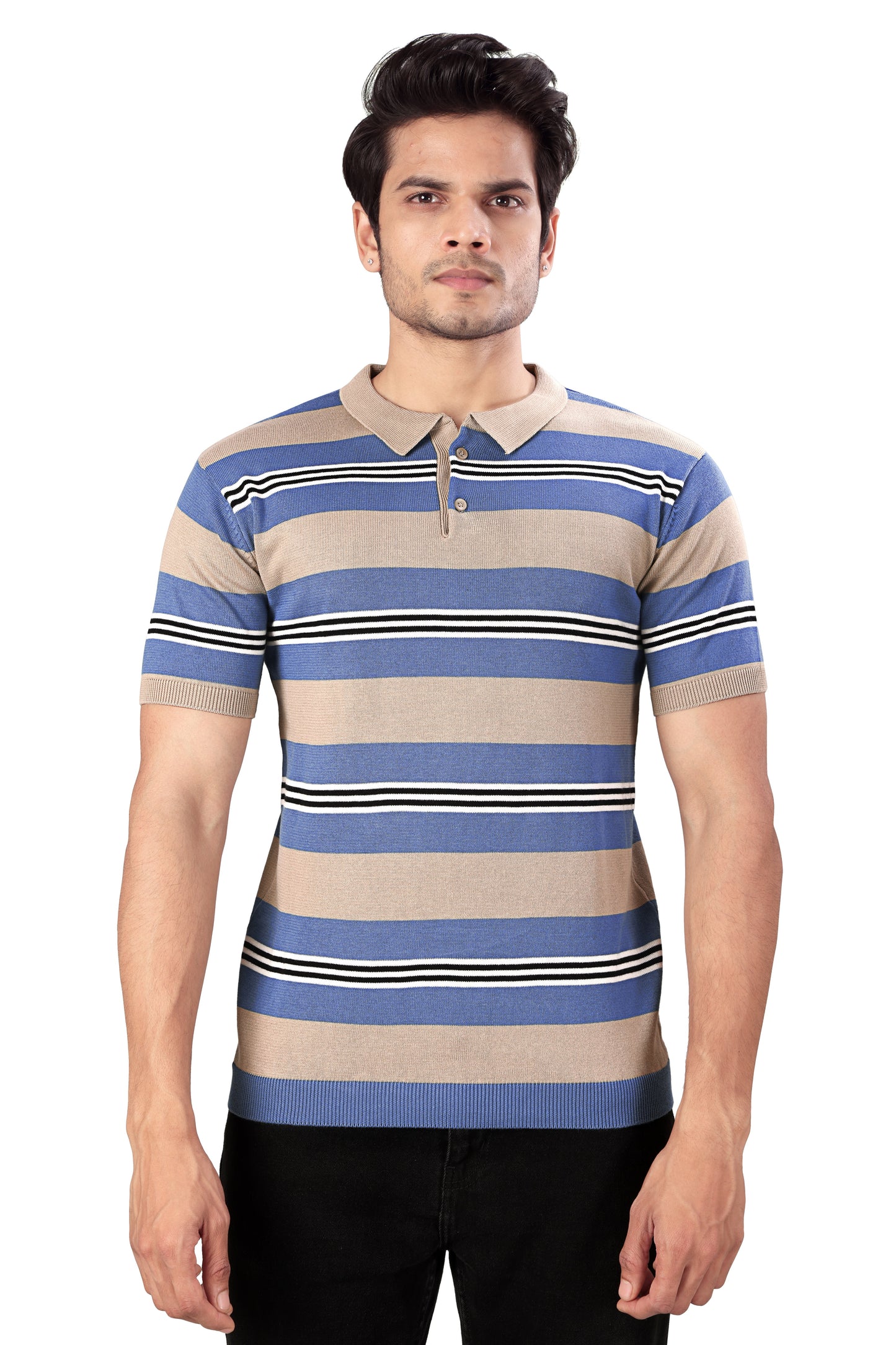 Tim Cooper Switzerland Senior Man Wearing a Striped Polo T-Shirt