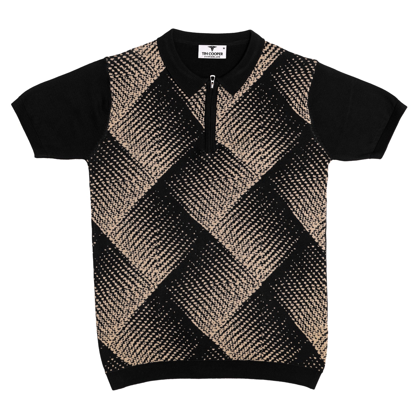 Tim Cooper Switzerland Men’s Black Textured Knit Sweat with Beige Geometric Pattern