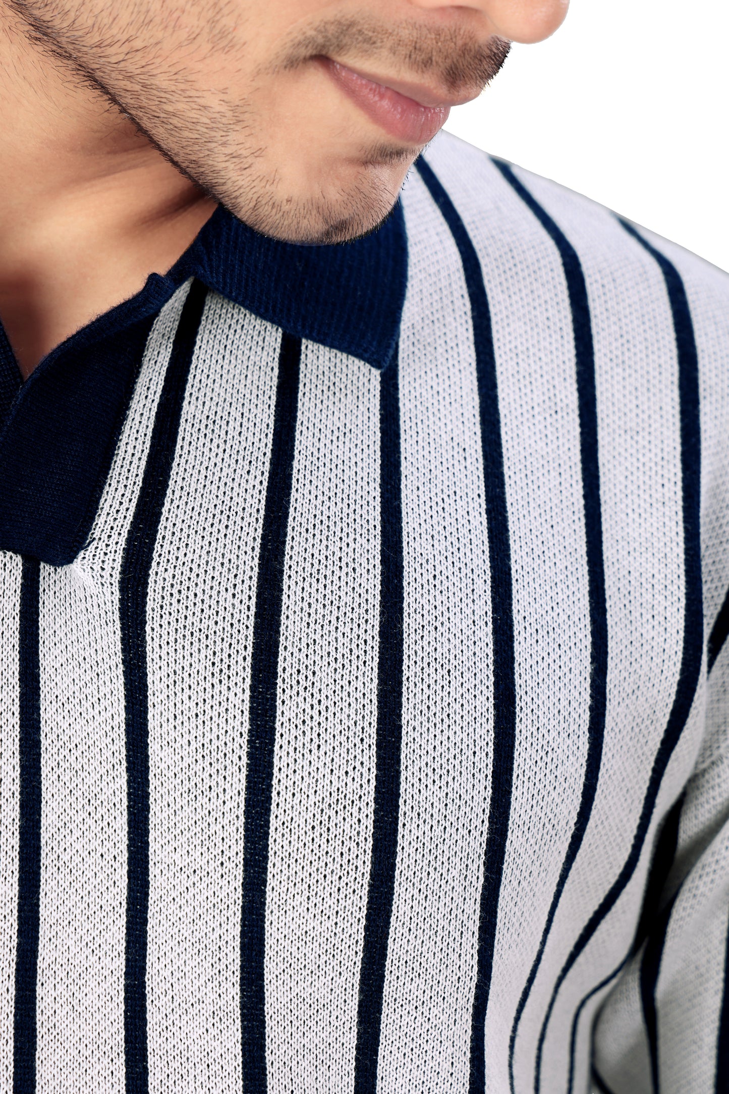 Tim Cooper Switzerland Men’s White Knit Polo Sweater with Navy Vertical Stripes