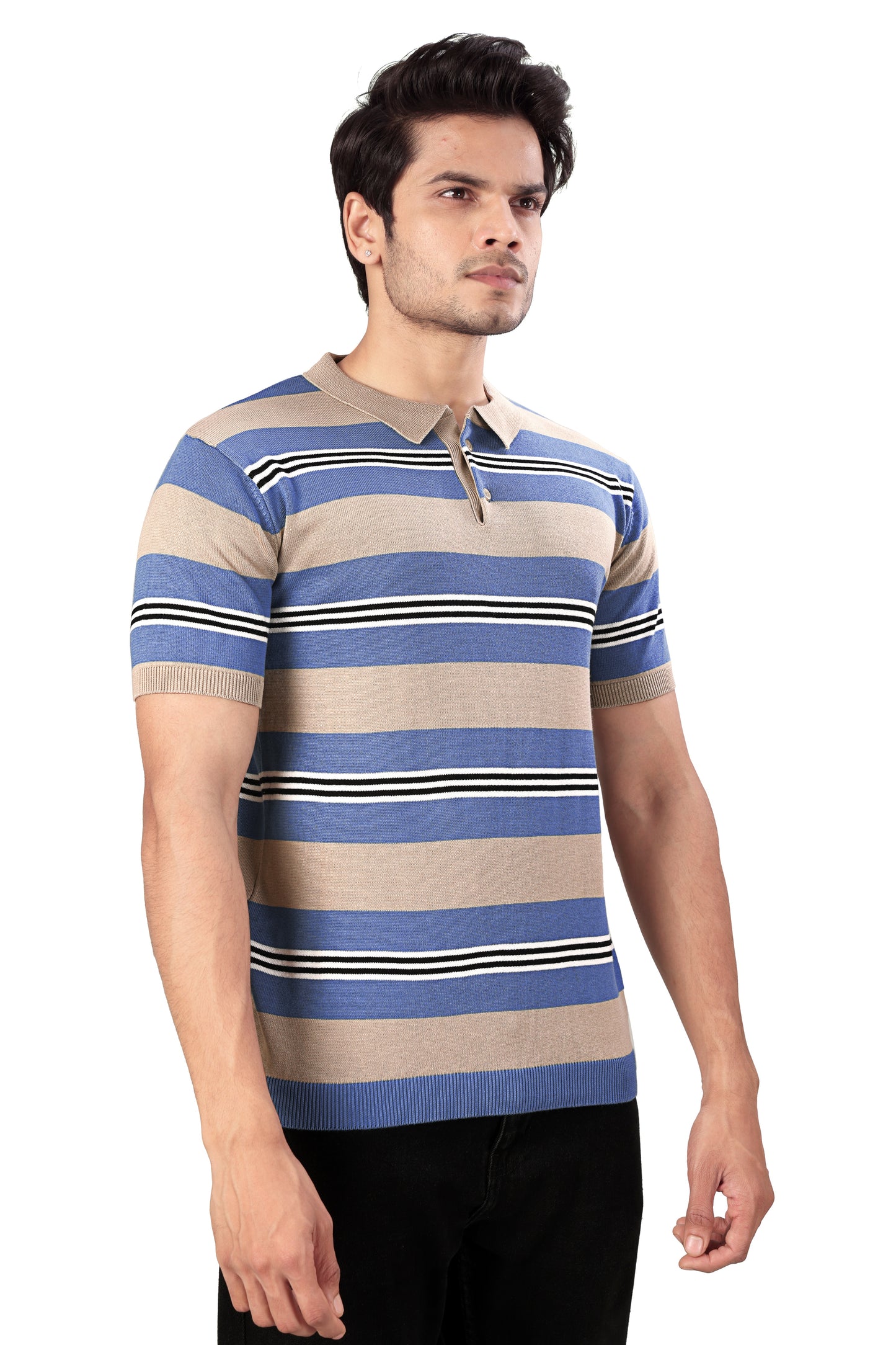 Tim Cooper Switzerland Senior Man Wearing a Striped Polo T-Shirt