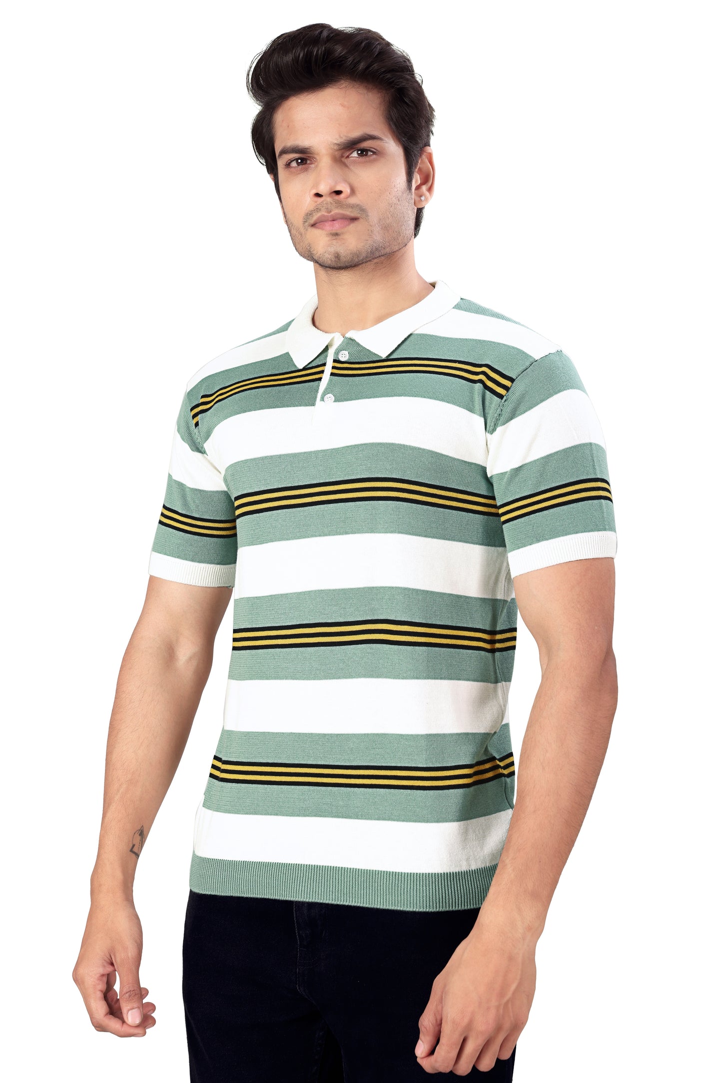 Tim Cooper Switzerland Man a Green and White Striped Polo T-Shirt