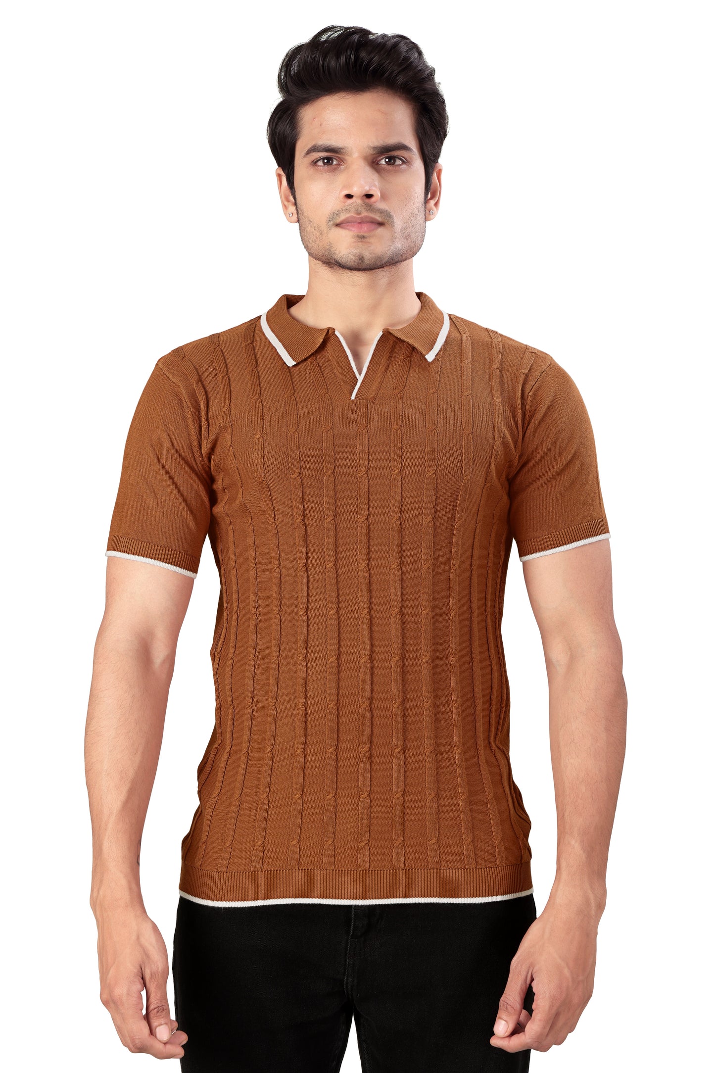 Tim Cooper Switzerland Rust Cable-Knit Polo T-Shirt with Contrast Trim