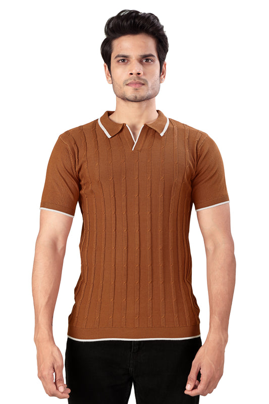 Tim Cooper Switzerland Rust Cable-Knit Polo T-Shirt with Contrast Trim