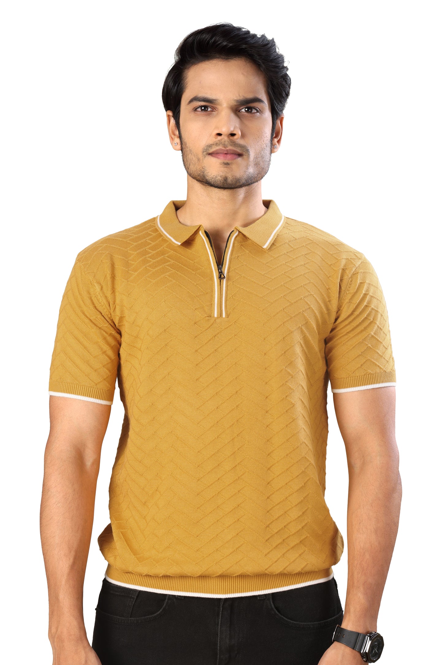 Tim Cooper Switzerland Men’s Mustard Textured Zip Polo T-shirt