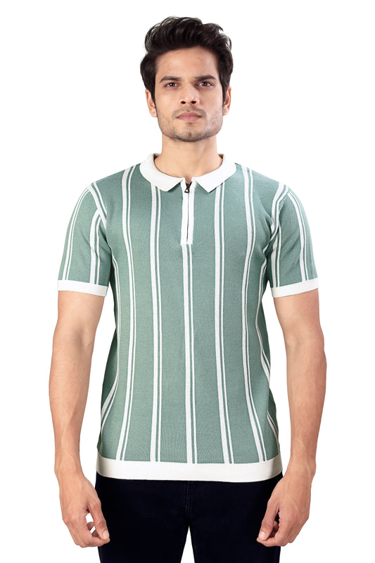 Tim Cooper Switzerland Men’s Mint Green Striped Zip-Neck Polo T-Shirt
