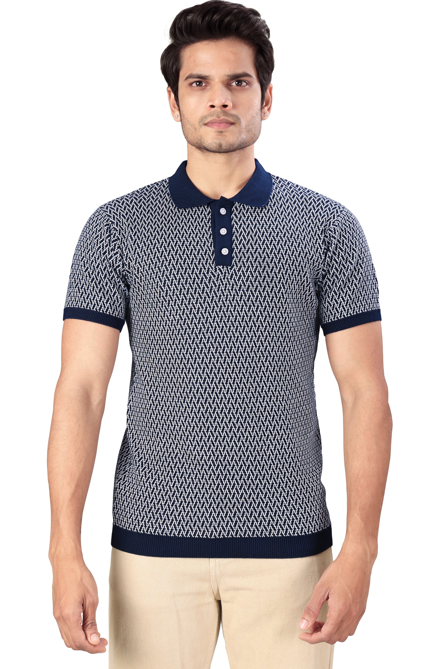 Tim Cooper Switzerland Men’s Navy Blue Patterned Polo T-Shirt with Ribbed Collar