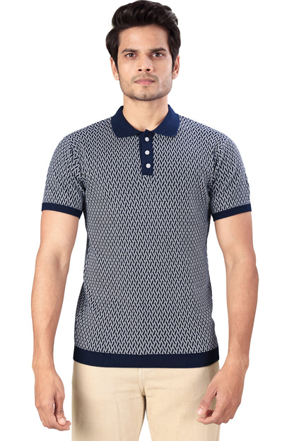 Tim Cooper Switzerland Men’s Navy Blue Patterned Polo T-Shirt with Ribbed Collar