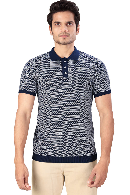 Tim Cooper Switzerland Men’s Navy Blue Patterned Polo T-Shirt with Ribbed Collar