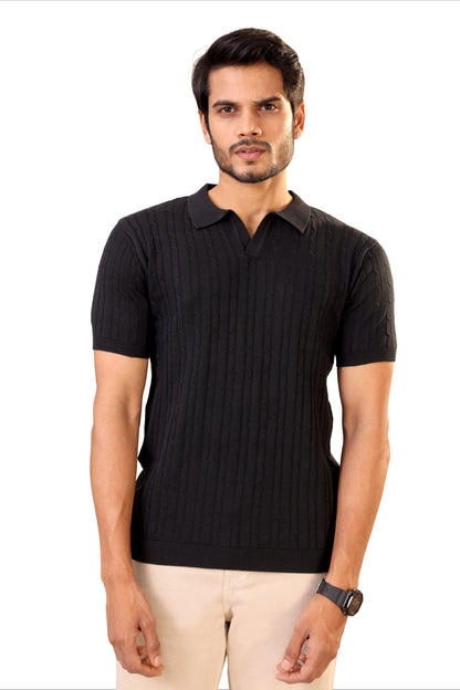 Tim Cooper Switzerland Classic Black Textured Knit Sweat T-Shirt for Men