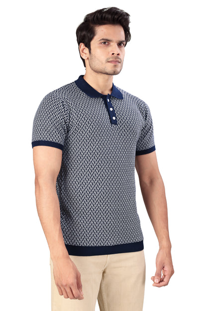 Tim Cooper Switzerland Men’s Navy Blue Patterned Polo T-Shirt with Ribbed Collar