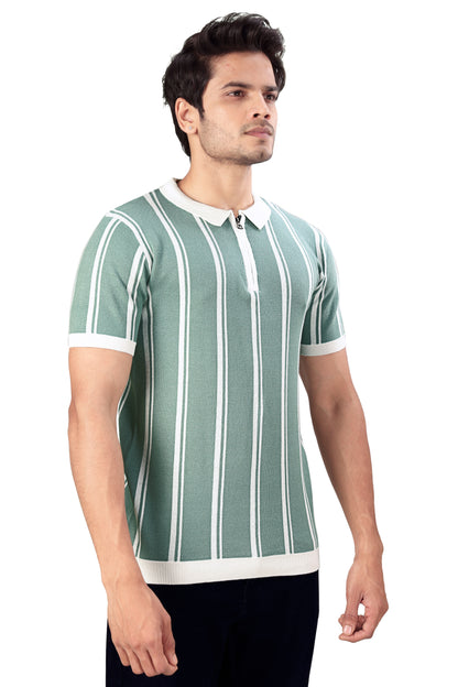 Tim Cooper Switzerland Men’s Mint Green Striped Zip-Neck Polo T-Shirt