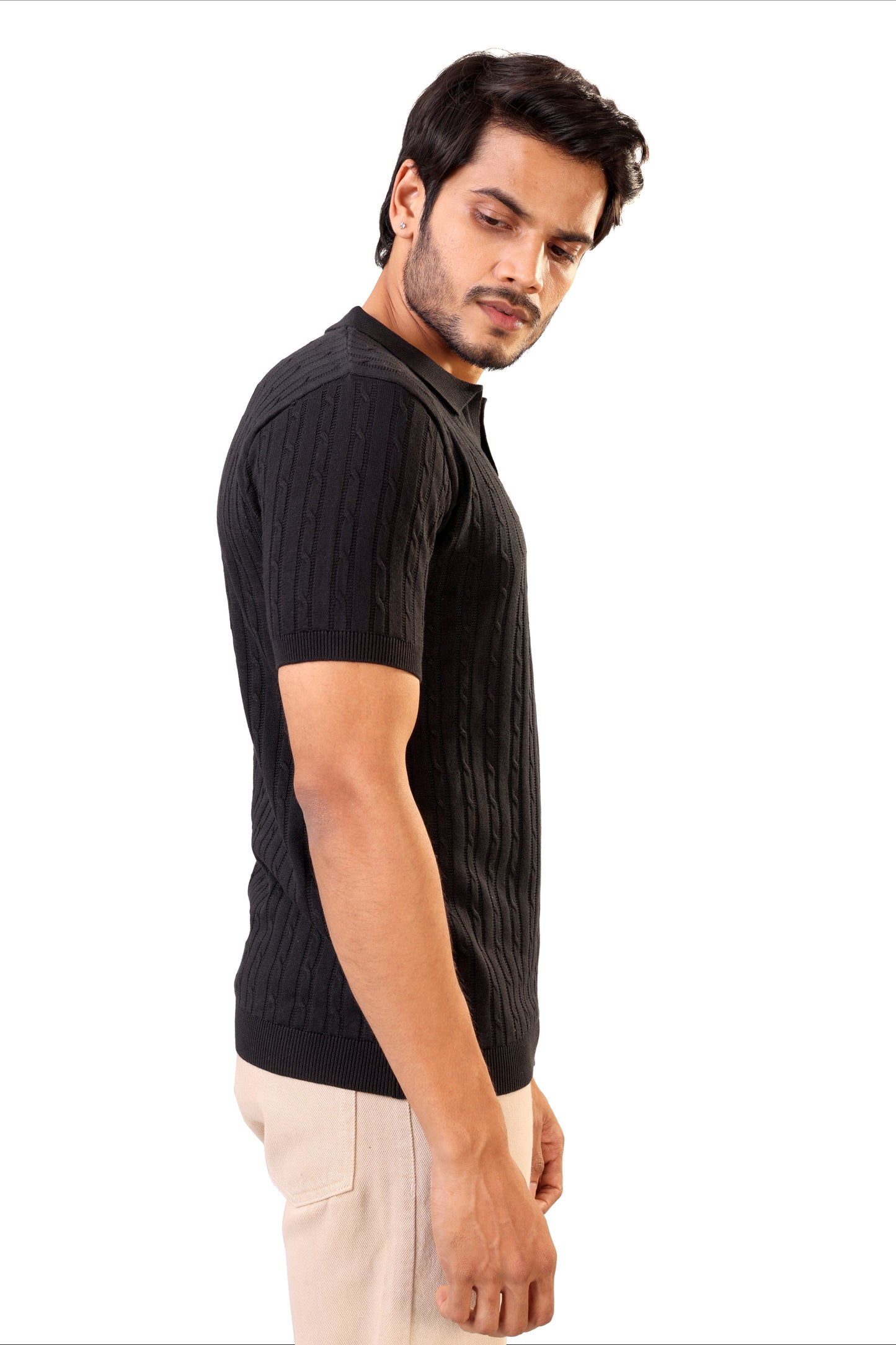 Tim Cooper Switzerland Classic Black Textured Knit Sweat T-Shirt for Men