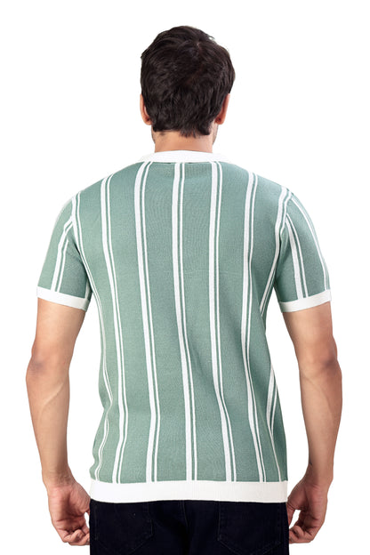 Tim Cooper Switzerland Men’s Mint Green Striped Zip-Neck Polo T-Shirt