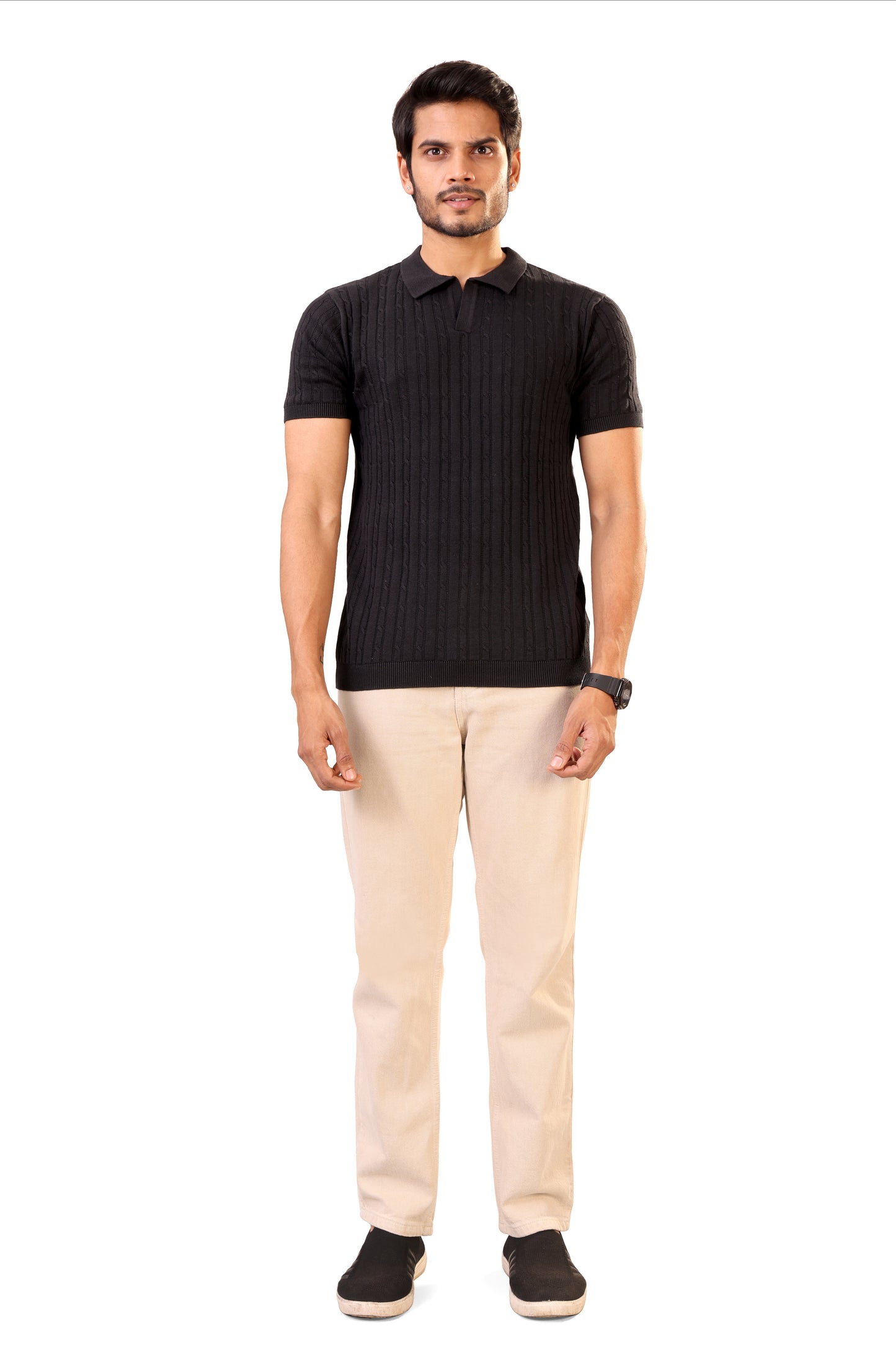 Tim Cooper Switzerland Classic Black Textured Knit Sweat T-Shirt for Men