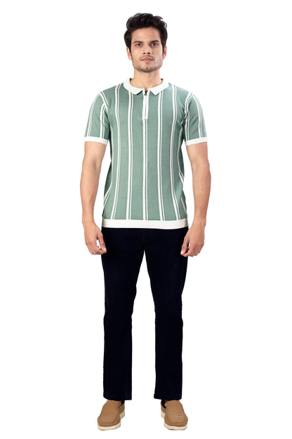 Tim Cooper Switzerland Men’s Mint Green Striped Zip-Neck Polo T-Shirt