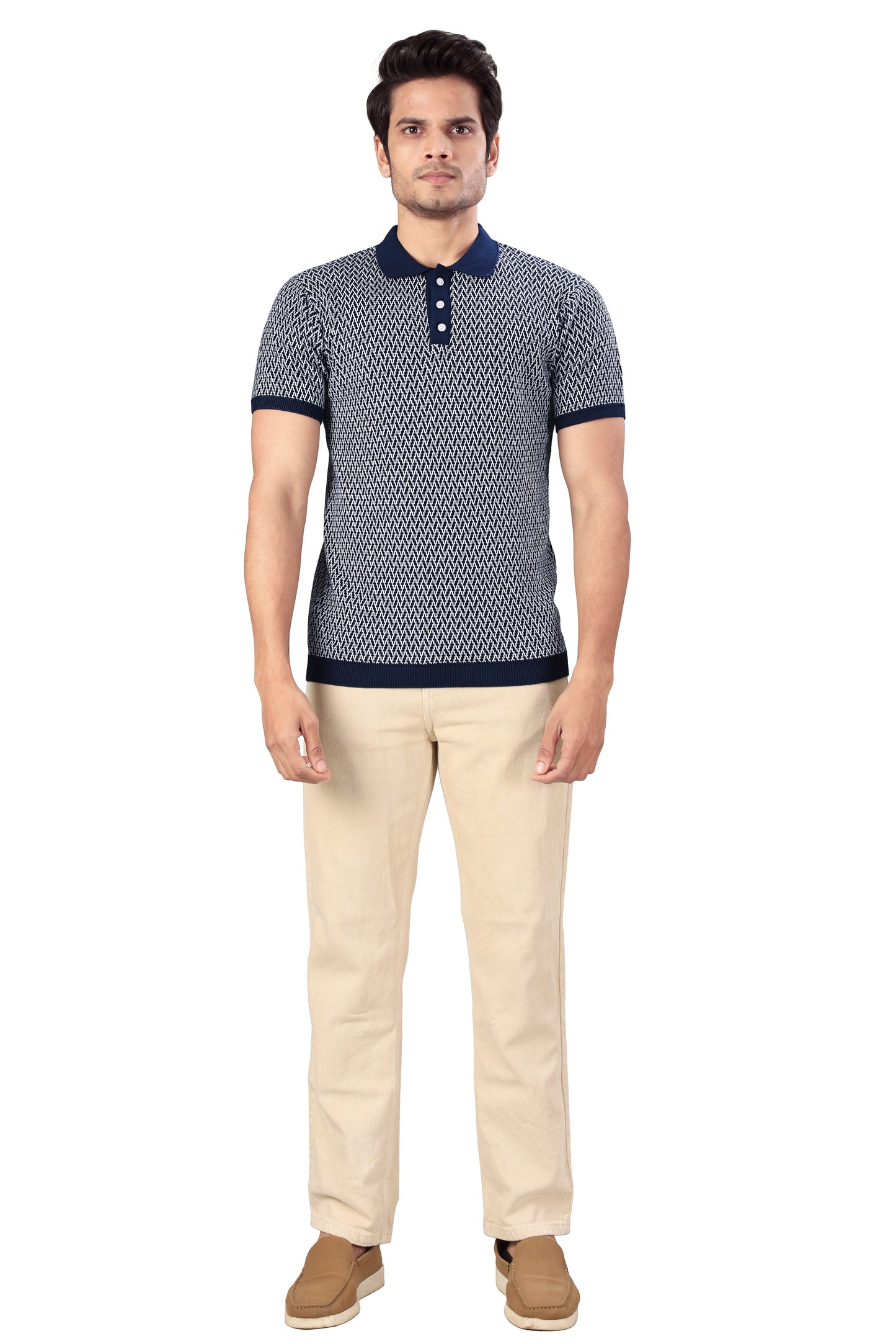 Tim Cooper Switzerland Men’s Navy Blue Patterned Polo T-Shirt with Ribbed Collar