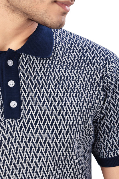 Tim Cooper Switzerland Men’s Navy Blue Patterned Polo T-Shirt with Ribbed Collar