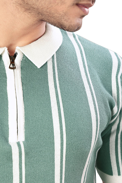 Tim Cooper Switzerland Men’s Mint Green Striped Zip-Neck Polo T-Shirt