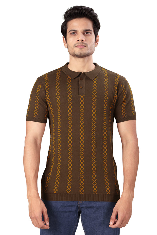 Tim Cooper Switzerland Brown Knit Polo T-Shirt with Geometric Pattern