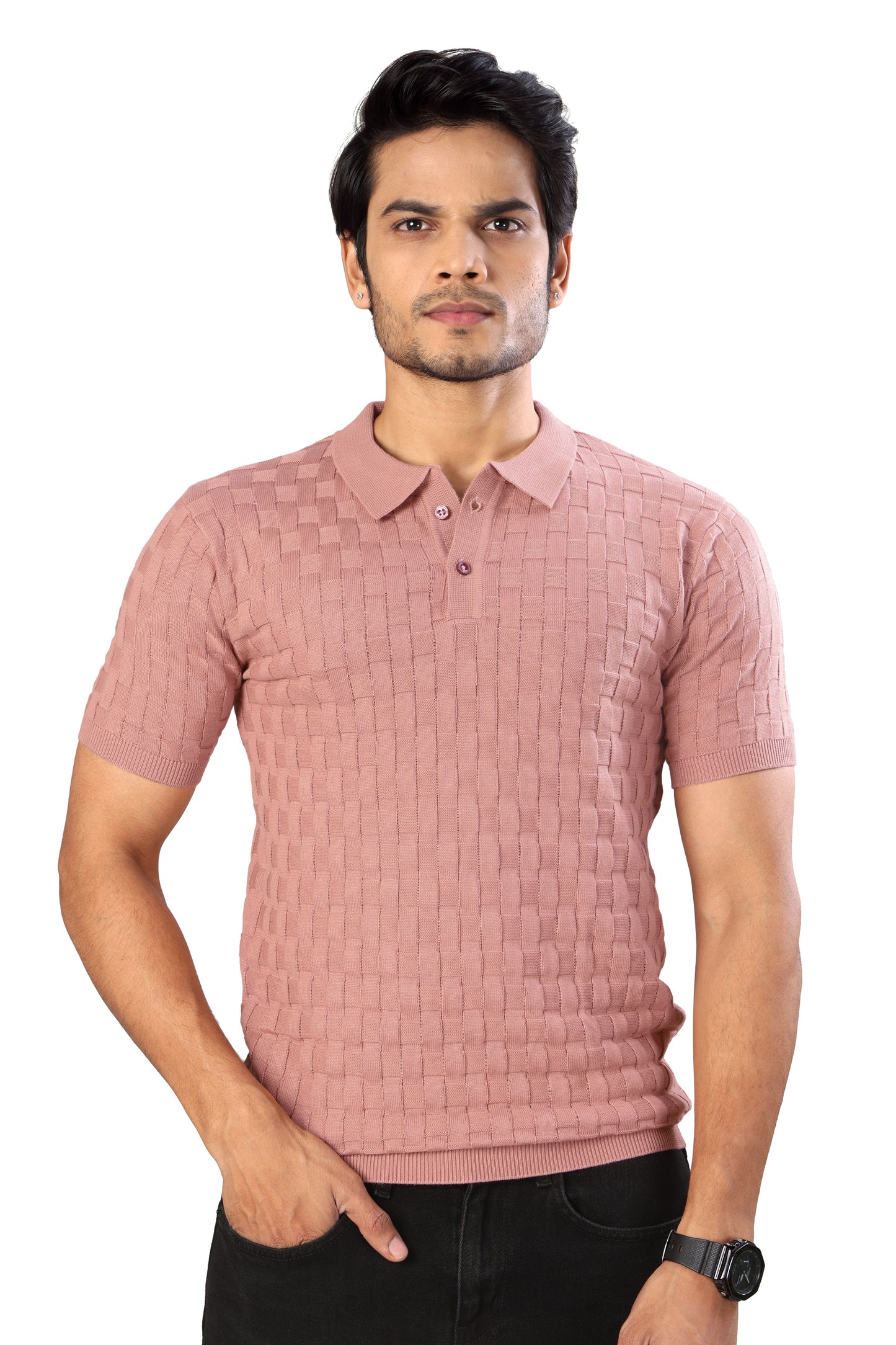Tim Cooper Switzerland Men’s Textured Knit Polo T-Shirt for Men in Dusty Pink