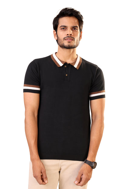 Tim Cooper Switzerland Men’s Black Sweat T-Shirt with Contrast Collar & Sleeve Stripes