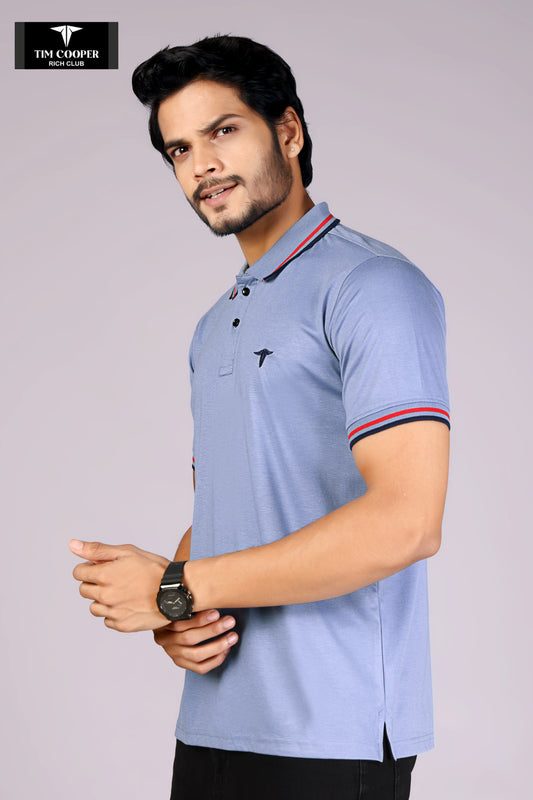 Tim Cooper Rich Club Men's Sky Blue with red and black tipping Polo T-Shirt