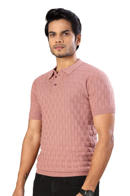 Tim Cooper Switzerland Men’s Textured Knit Polo T-Shirt for Men in Dusty Pink