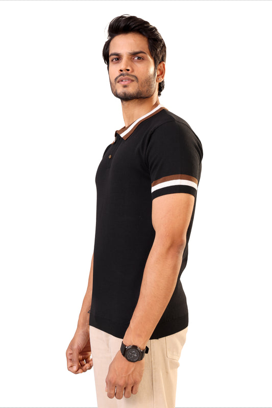 Tim Cooper Switzerland Men’s Black Sweat T-Shirt with Contrast Collar & Sleeve Stripes