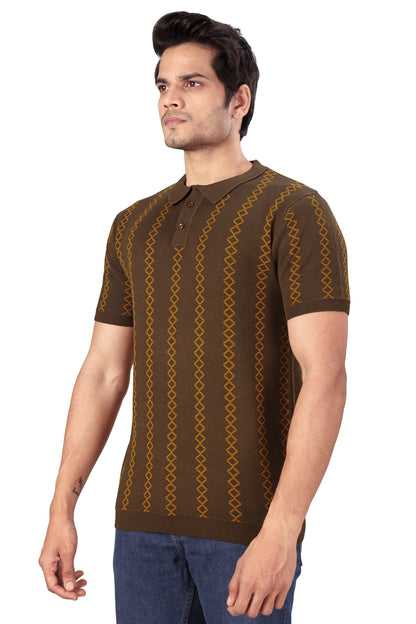 Tim Cooper Switzerland Brown Knit Polo T-Shirt with Geometric Pattern
