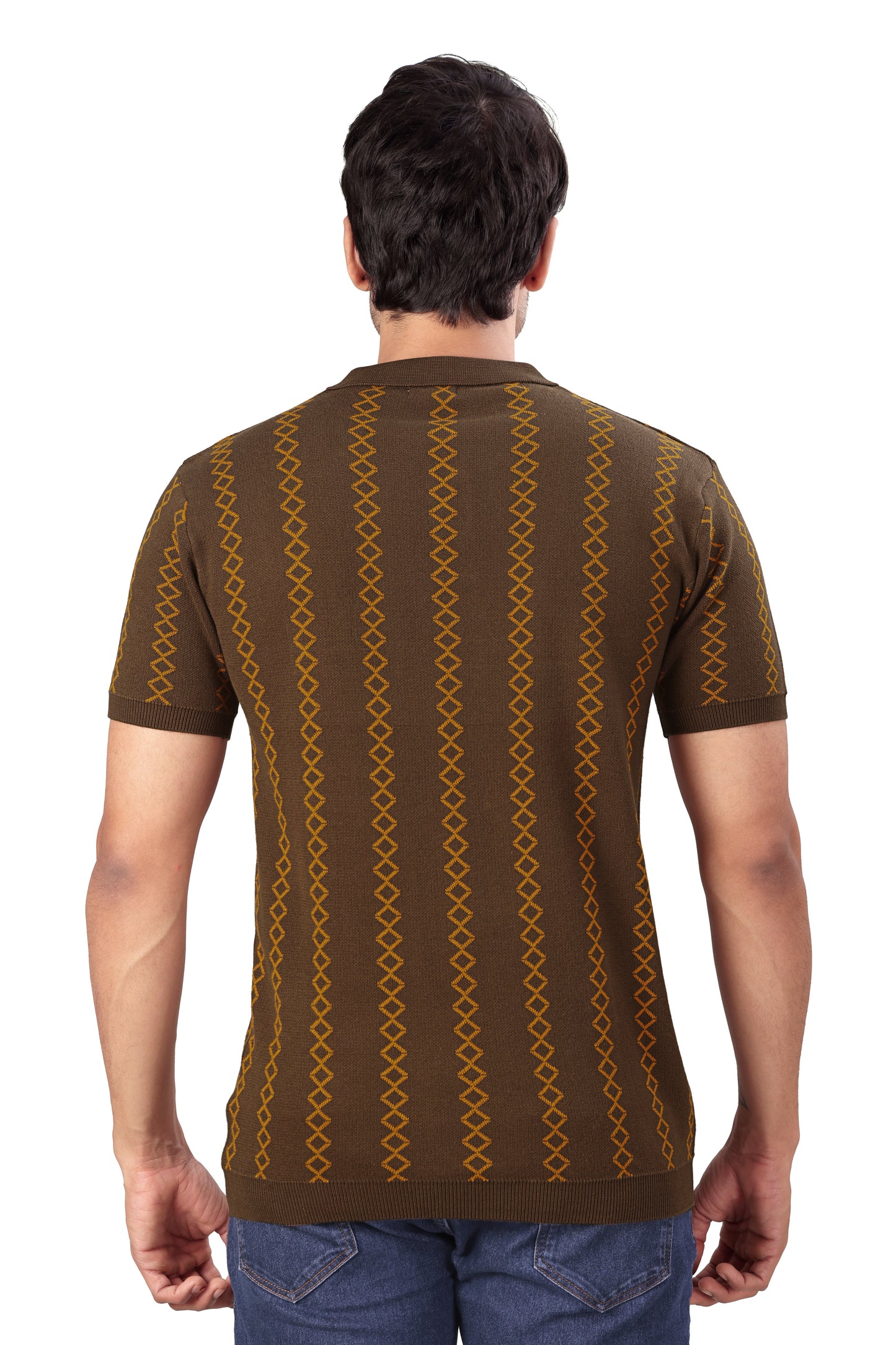 Tim Cooper Switzerland Brown Knit Polo T-Shirt with Geometric Pattern