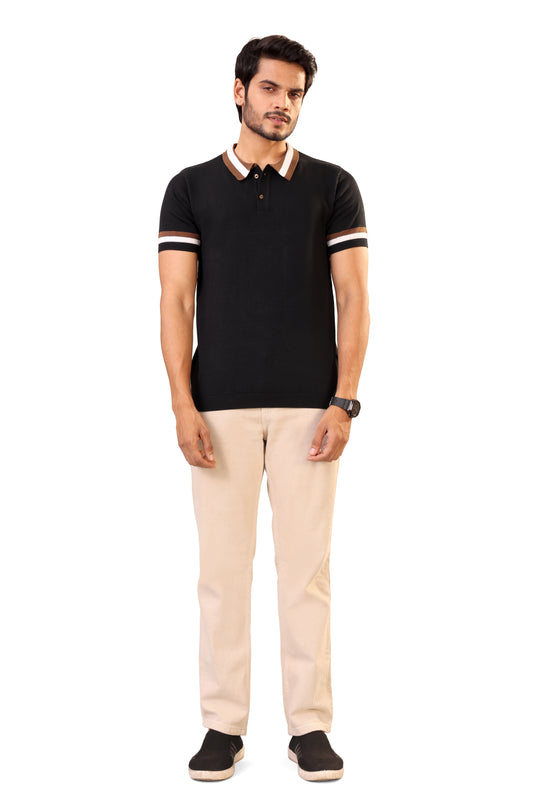 Tim Cooper Switzerland Men’s Black Sweat T-Shirt with Contrast Collar & Sleeve Stripes