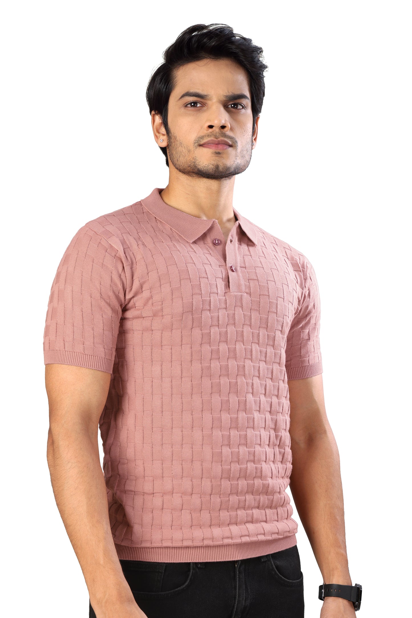 Tim Cooper Switzerland Men’s Textured Knit Polo T-Shirt for Men in Dusty Pink