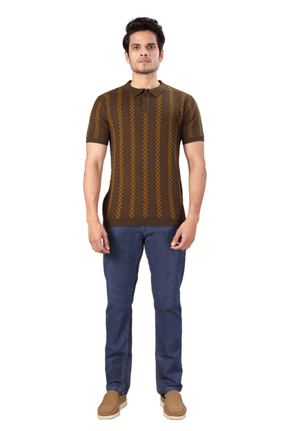 Tim Cooper Switzerland Brown Knit Polo T-Shirt with Geometric Pattern