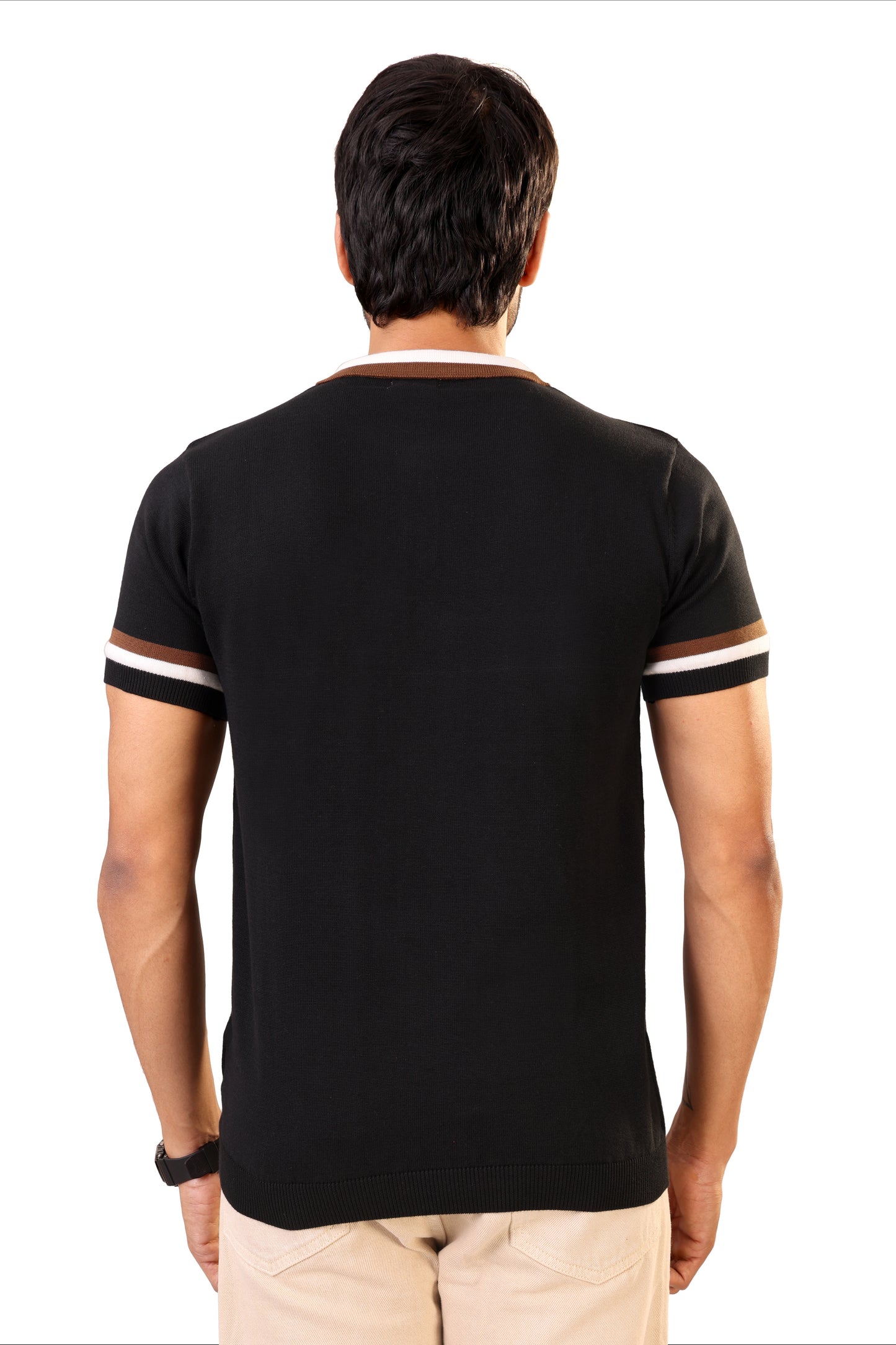 Tim Cooper Switzerland Men’s Black Sweat T-Shirt with Contrast Collar & Sleeve Stripes