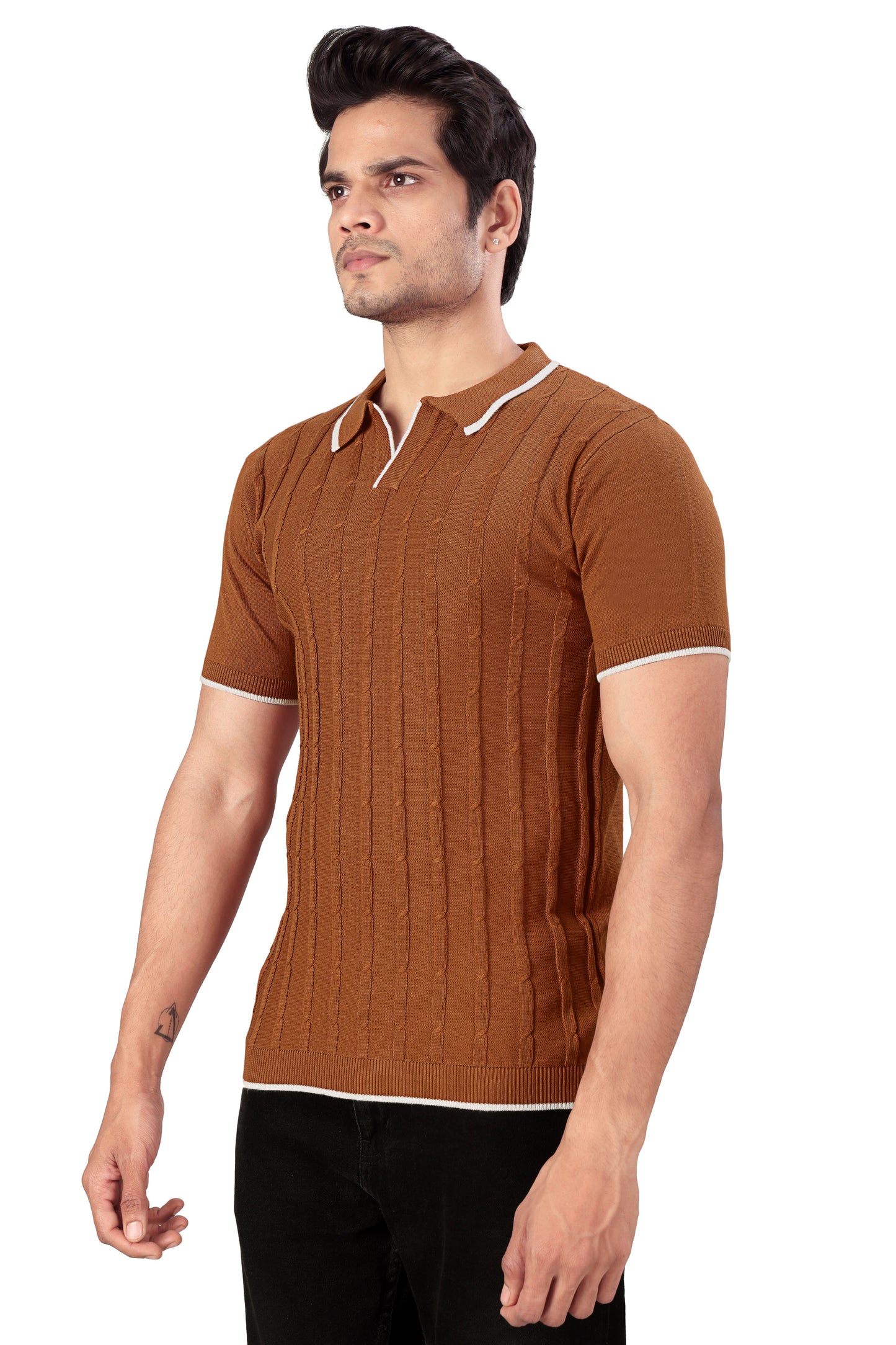 Tim Cooper Switzerland Rust Cable-Knit Polo T-Shirt with Contrast Trim