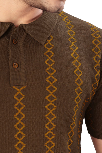 Tim Cooper Switzerland Brown Knit Polo T-Shirt with Geometric Pattern