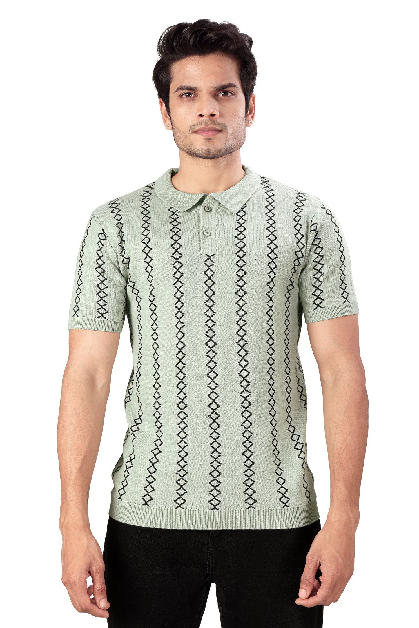 Tim Cooper Switzerland Men’s Sage Green Vertical Patterned Knit Polo T-Shirt
