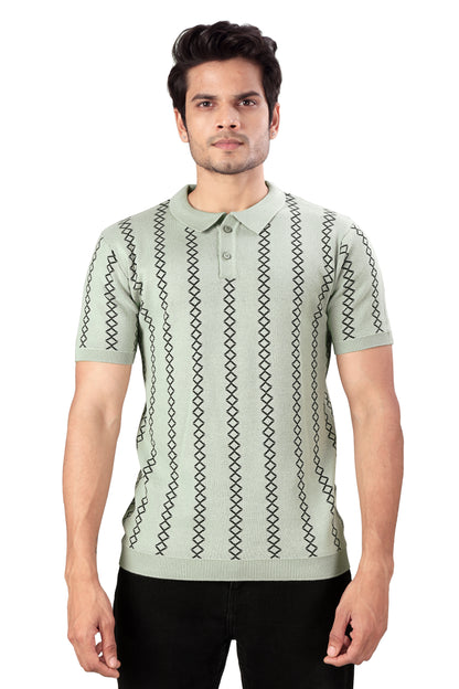 Tim Cooper Switzerland Men’s Sage Green Vertical Patterned Knit Polo T-Shirt