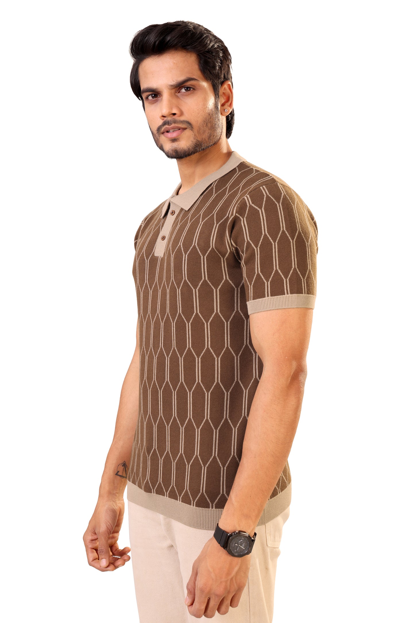 Tim Cooper Switzerland Men’s Brown Geometric Knit Sweat T-Shirt