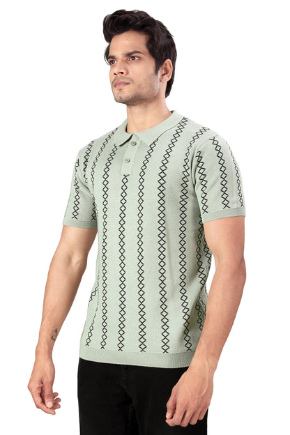 Tim Cooper Switzerland Men’s Sage Green Vertical Patterned Knit Polo T-Shirt
