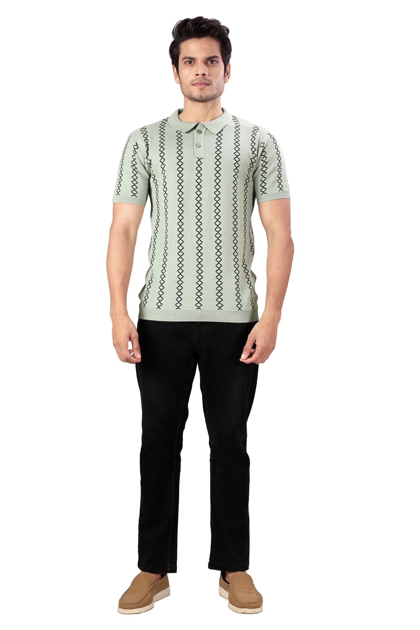 Tim Cooper Switzerland Men’s Sage Green Vertical Patterned Knit Polo T-Shirt