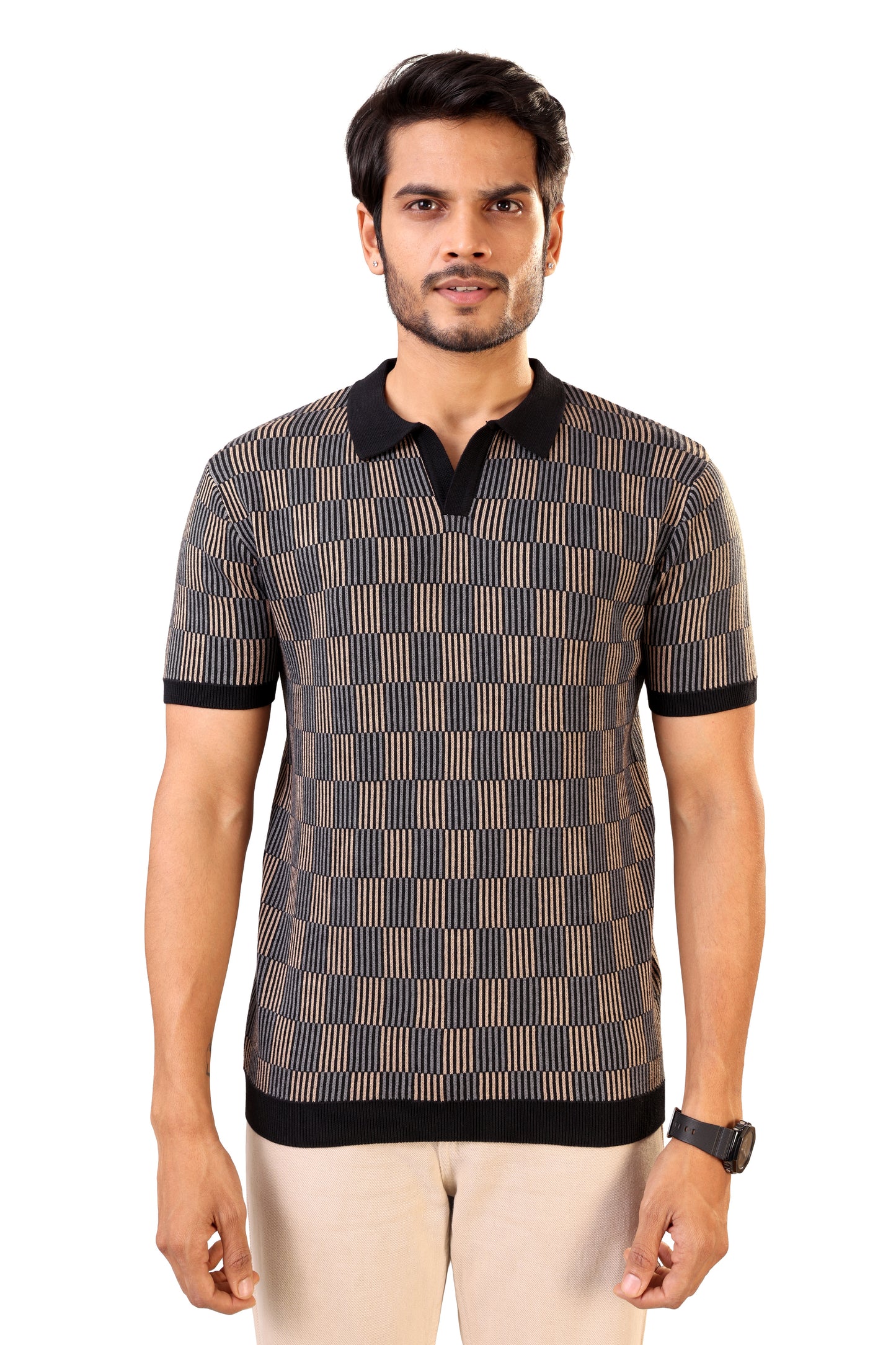 Tim Cooper Switzerland Men’s Black & Beige Textured Stripe Knit Sweat T-Shirt