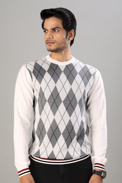 Tim Cooper Switzerland Men’s Argyle Knit Pullover Sweater in White and Grey