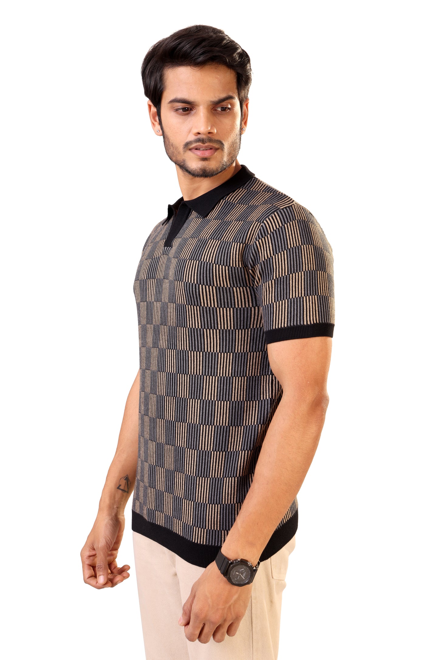 Tim Cooper Switzerland Men’s Black & Beige Textured Stripe Knit Sweat T-Shirt