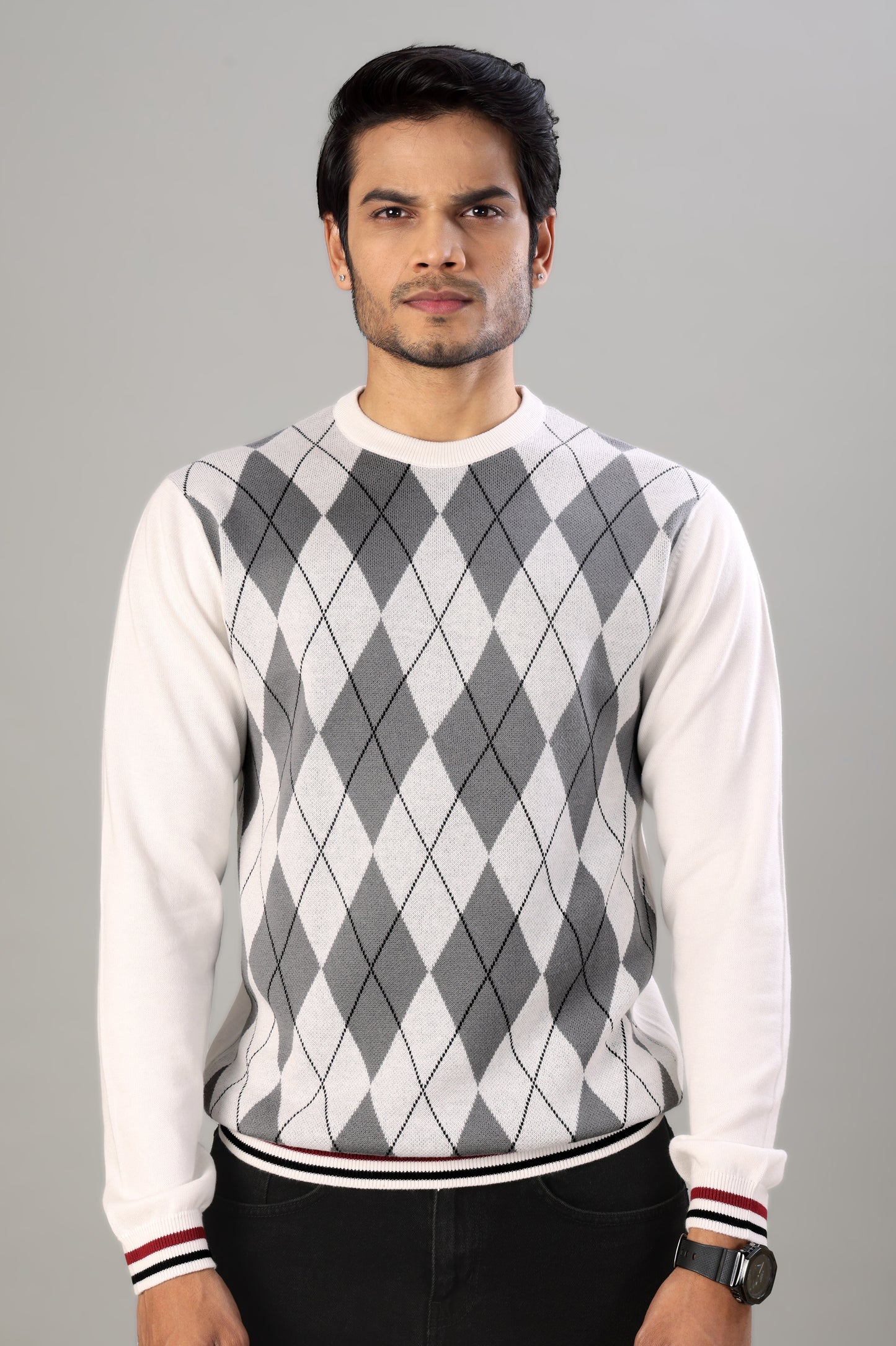 Tim Cooper Switzerland Men’s Argyle Knit Pullover Sweater in White and Grey