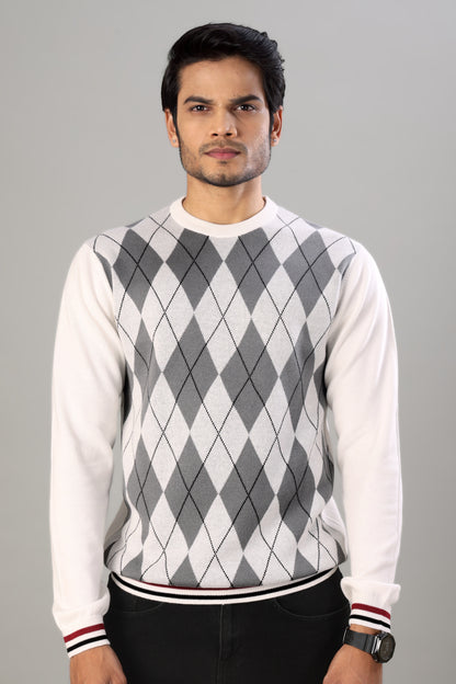 Tim Cooper Switzerland Men’s Argyle Knit Pullover Sweater in White and Grey