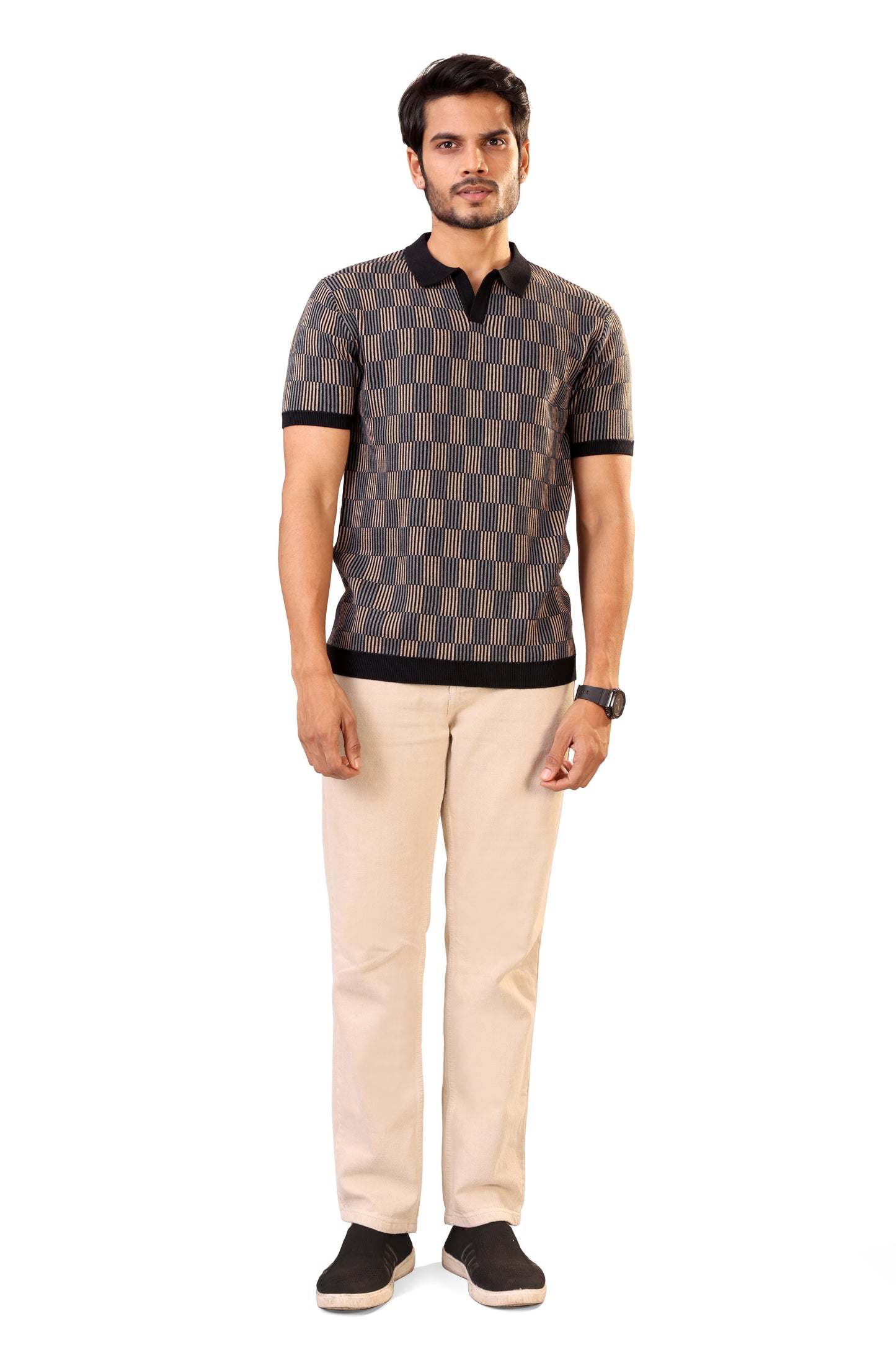 Tim Cooper Switzerland Men’s Black & Beige Textured Stripe Knit Sweat T-Shirt