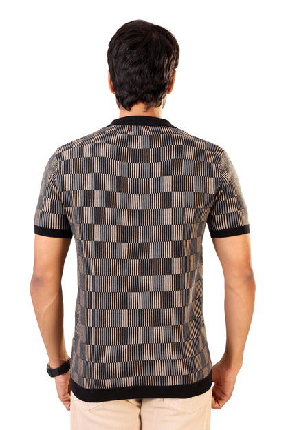 Tim Cooper Switzerland Men’s Black & Beige Textured Stripe Knit Sweat T-Shirt