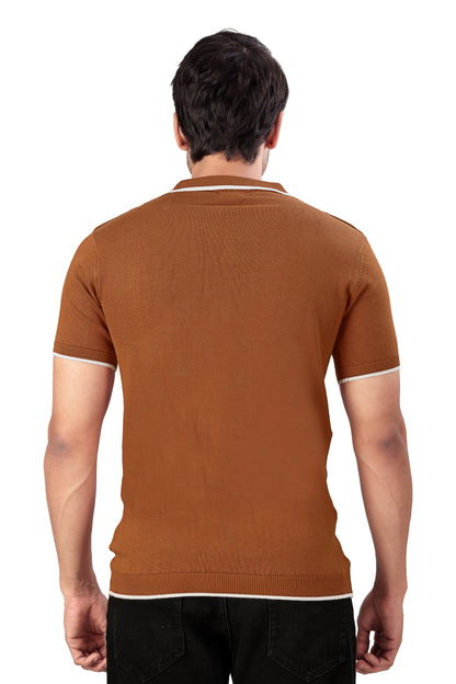Tim Cooper Switzerland Rust Cable-Knit Polo T-Shirt with Contrast Trim