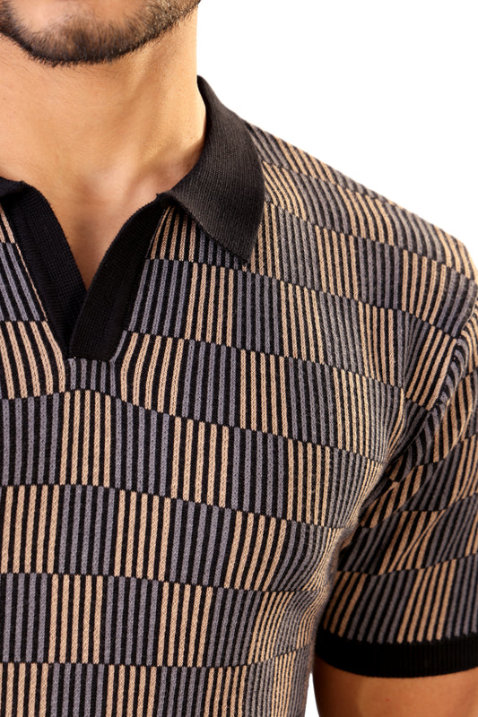 Tim Cooper Switzerland Men’s Black & Beige Textured Stripe Knit Sweat T-Shirt